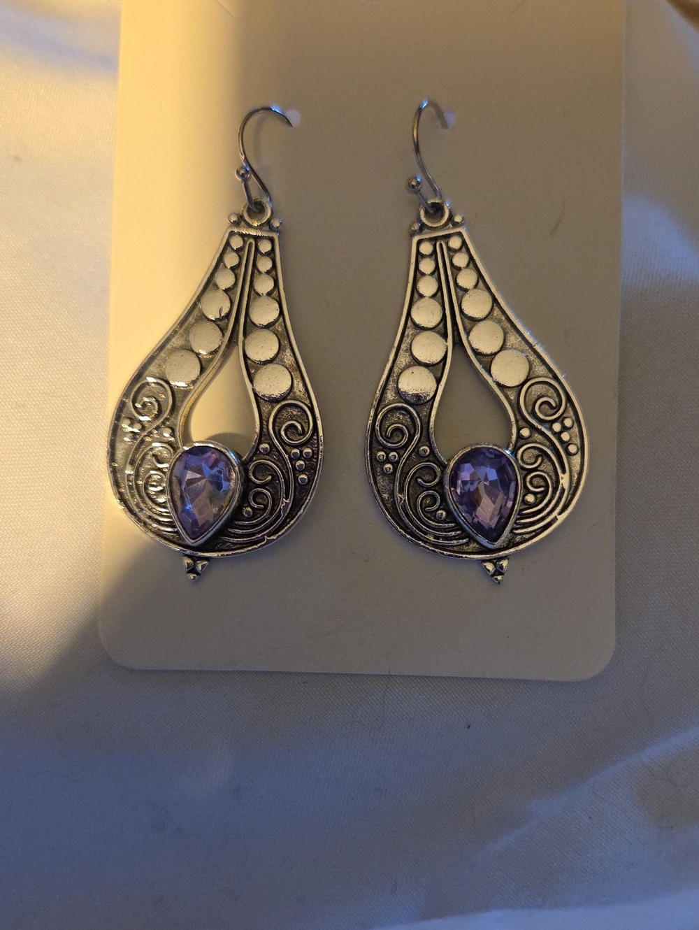 Silver Filigree Teardrop Earrings with Purple Gemstones - Women Jewelry